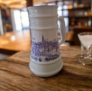 Blue and White Ceramic Mug Stein HUNGRY Signed